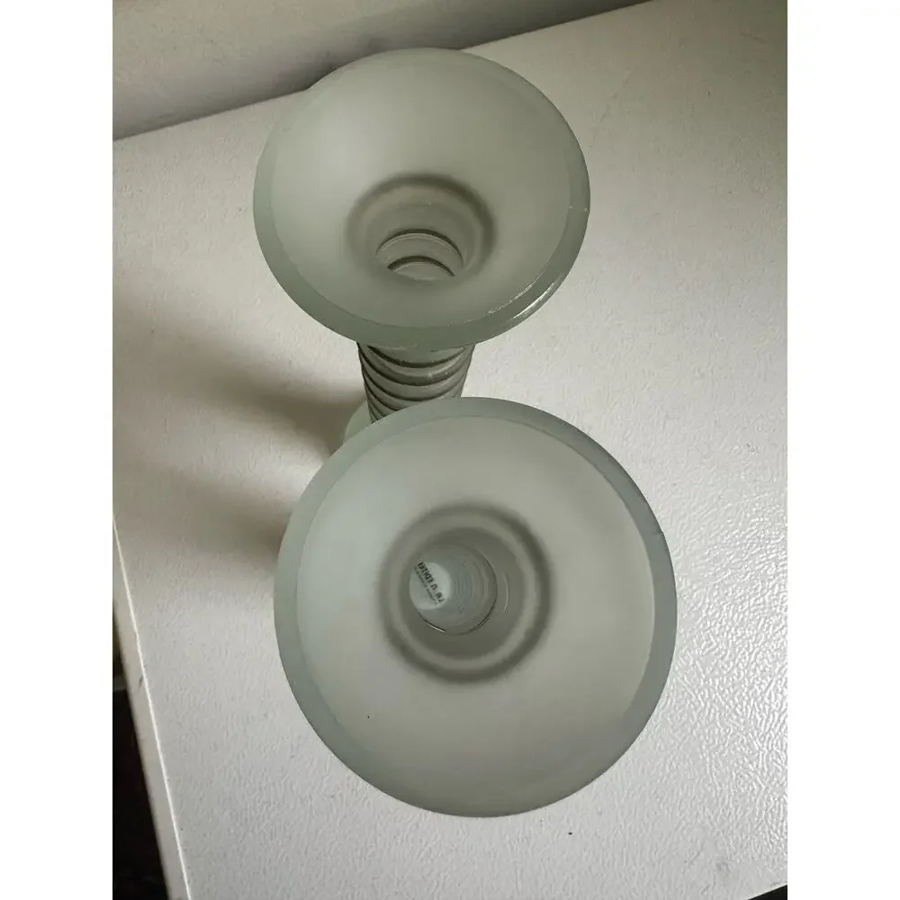 Vintage La Mediterranea Green Glass Vases Candlesticks frosted Spain set 2, 7”
